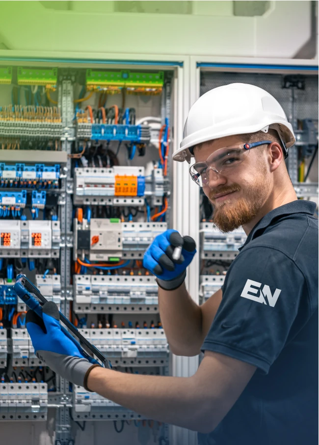 Elektriker der Elektro Neumann GmbH bei der Arbeit an einer modernen Elektroinstallation in Alsdorf