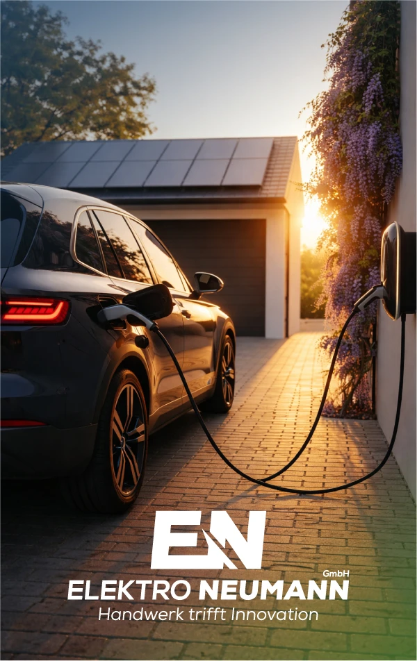 E-Auto lädt an Wallbox vor einem Haus mit Photovoltaikanlage für nachhaltige Energie in Alsdorf