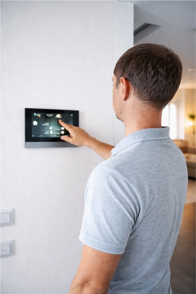 Bedienung eines Smart Home Displays zur Steuerung von Licht und Heizung in einem modernen Zuhause